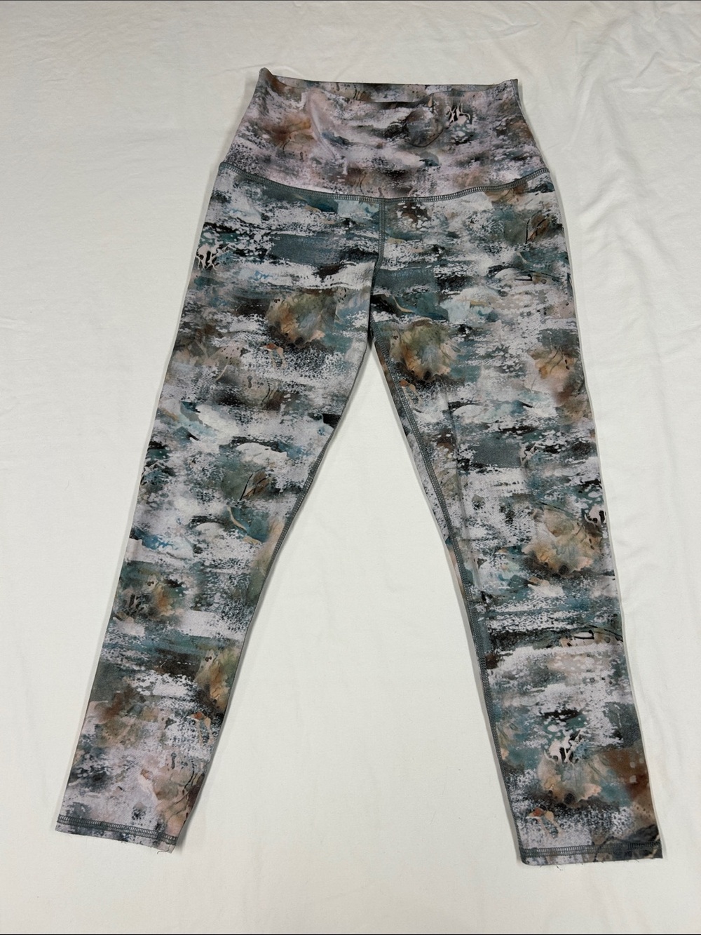 Evolution and Creation Abstract Leggings in Teal, Taupe, and White